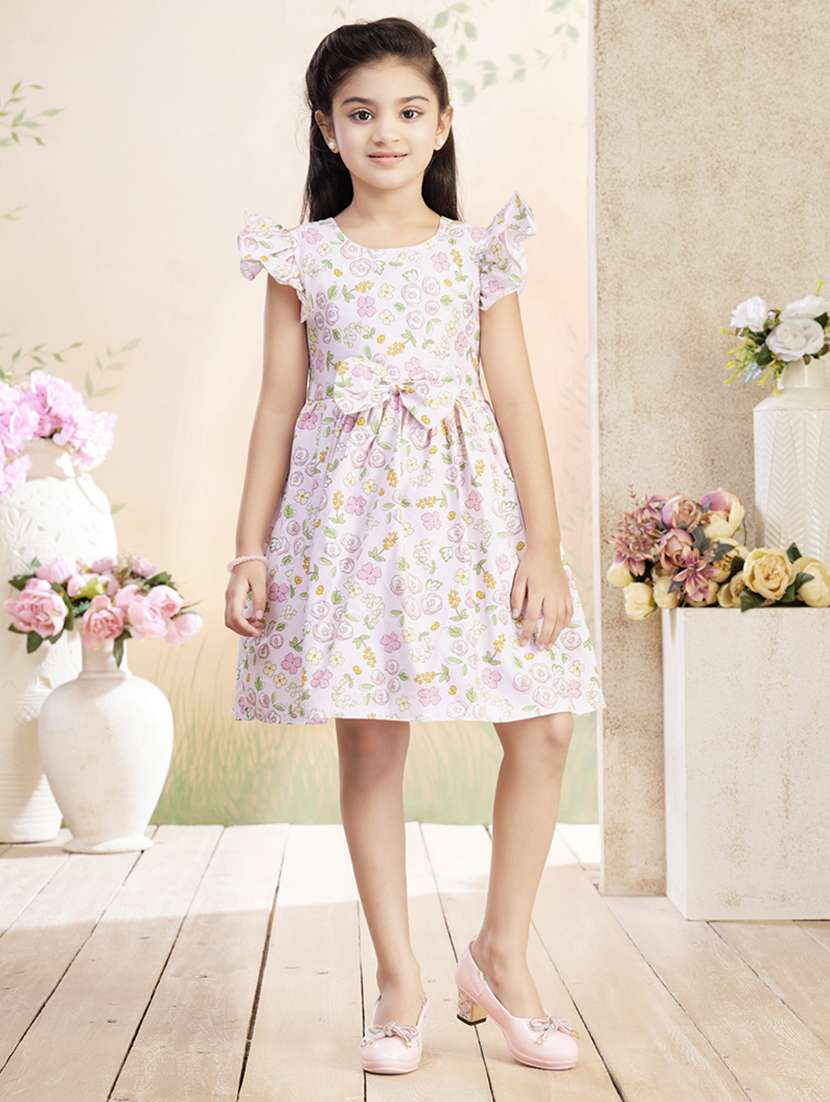 girls printed ruffle sleeve fit & flare dress