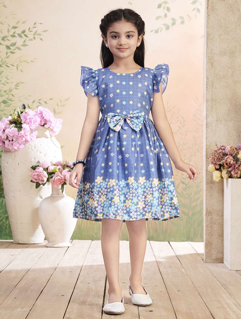 girls printed ruffled sleeve fit & flare dress