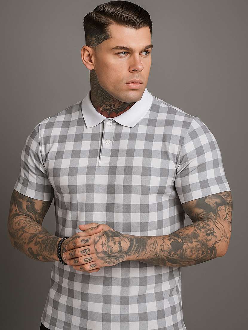 men checkered short sleeve regular fit polo t-shirt