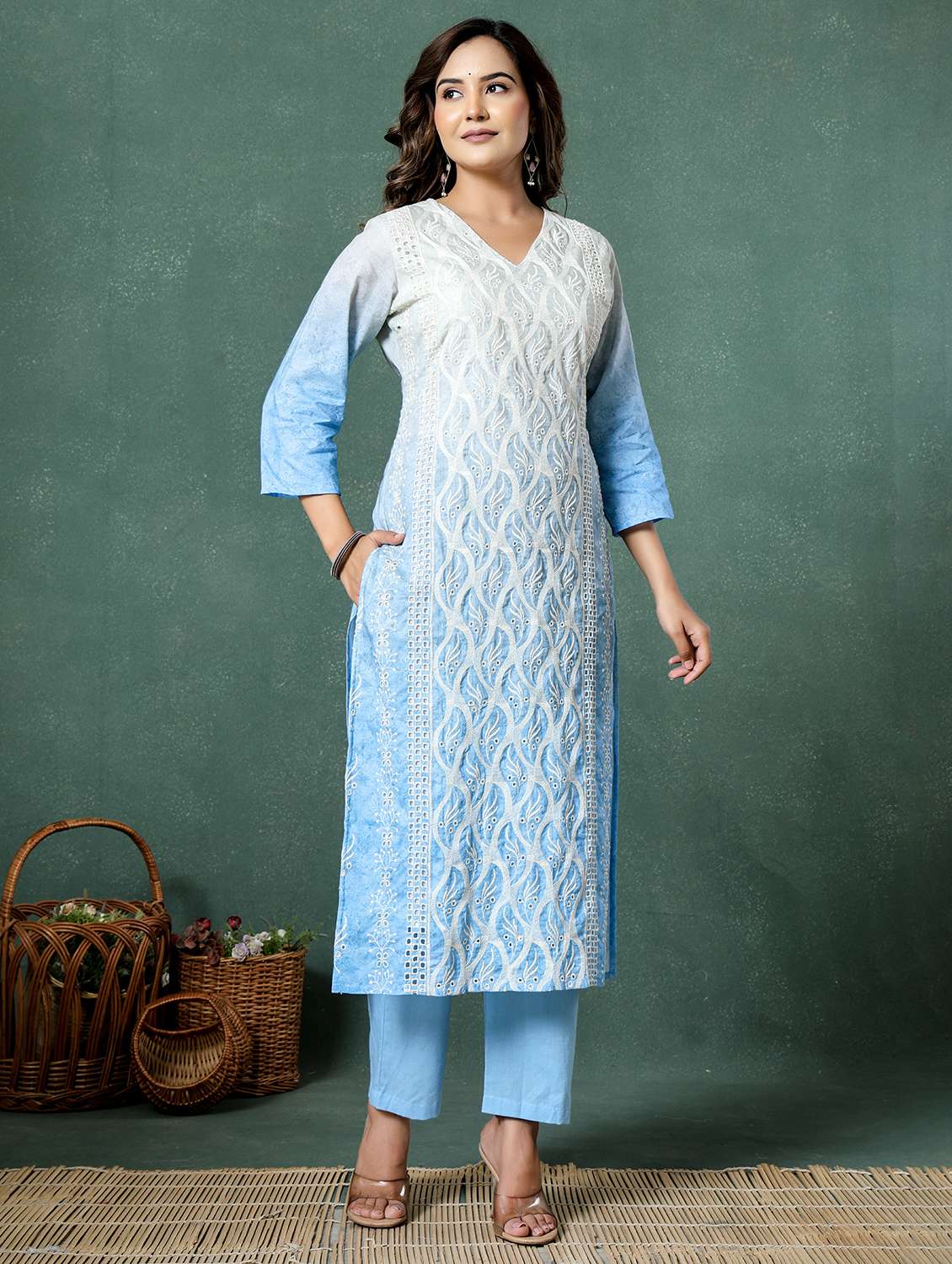 women ombre three quarter sleeve kurta pant with dupatta set - 22026543 -  Standard Image - 3