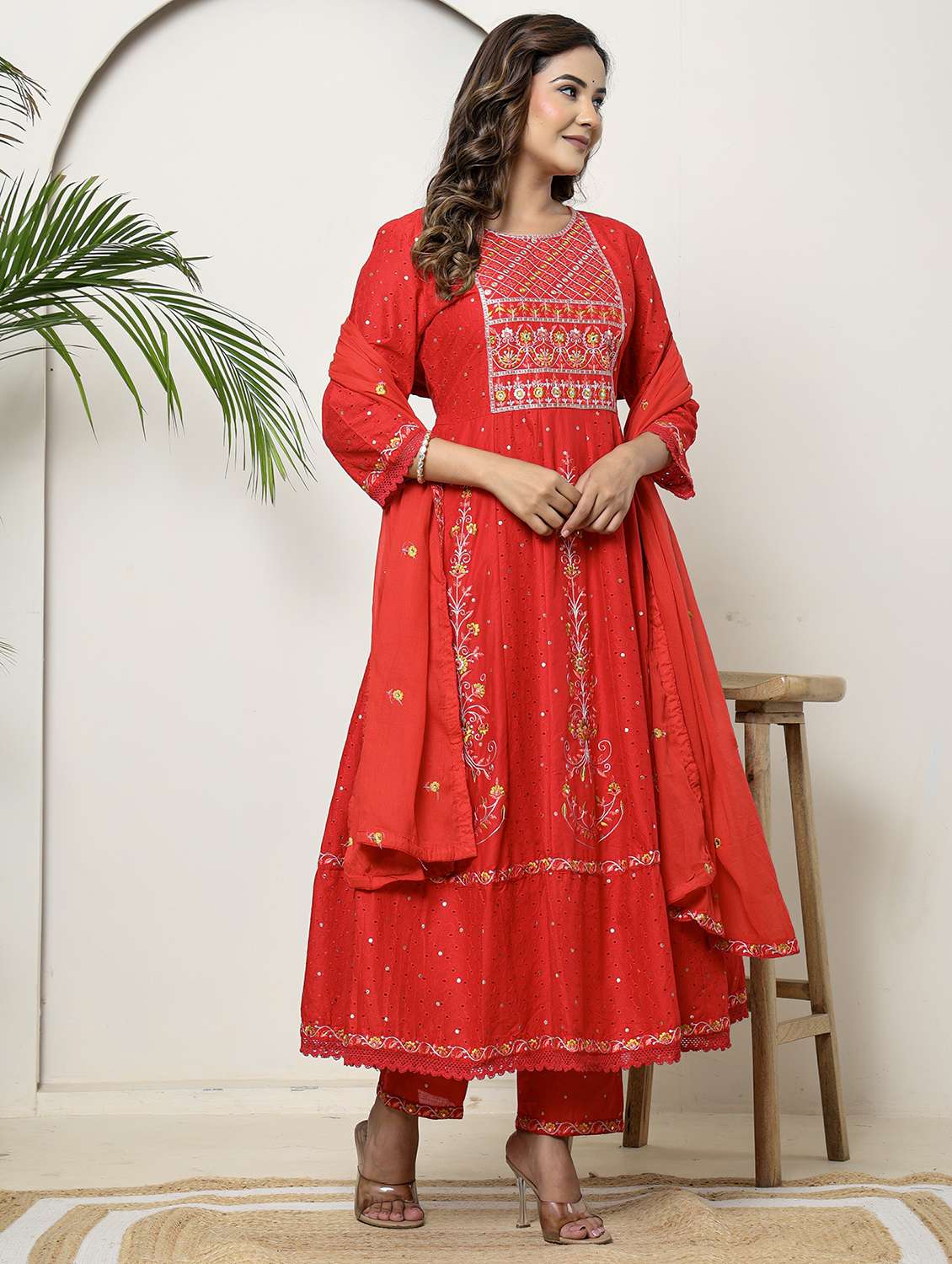 women embroidered three quarter sleeve kurta pant with dupatta set - 22026556 -  Standard Image - 3