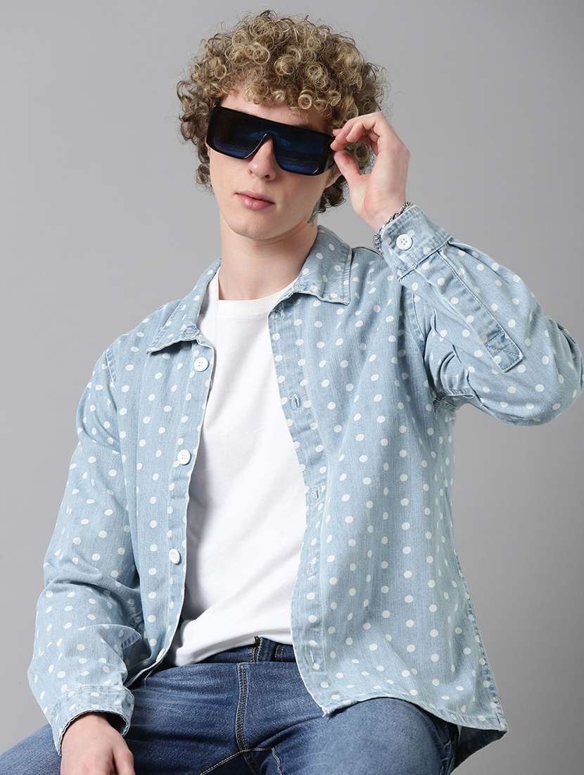 men polka dot long sleeve denim shacket