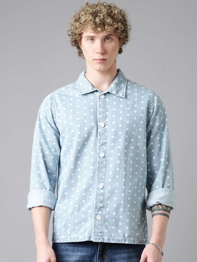 men polka dot long sleeve denim shacket - 22026598 -  Standard Image - 3