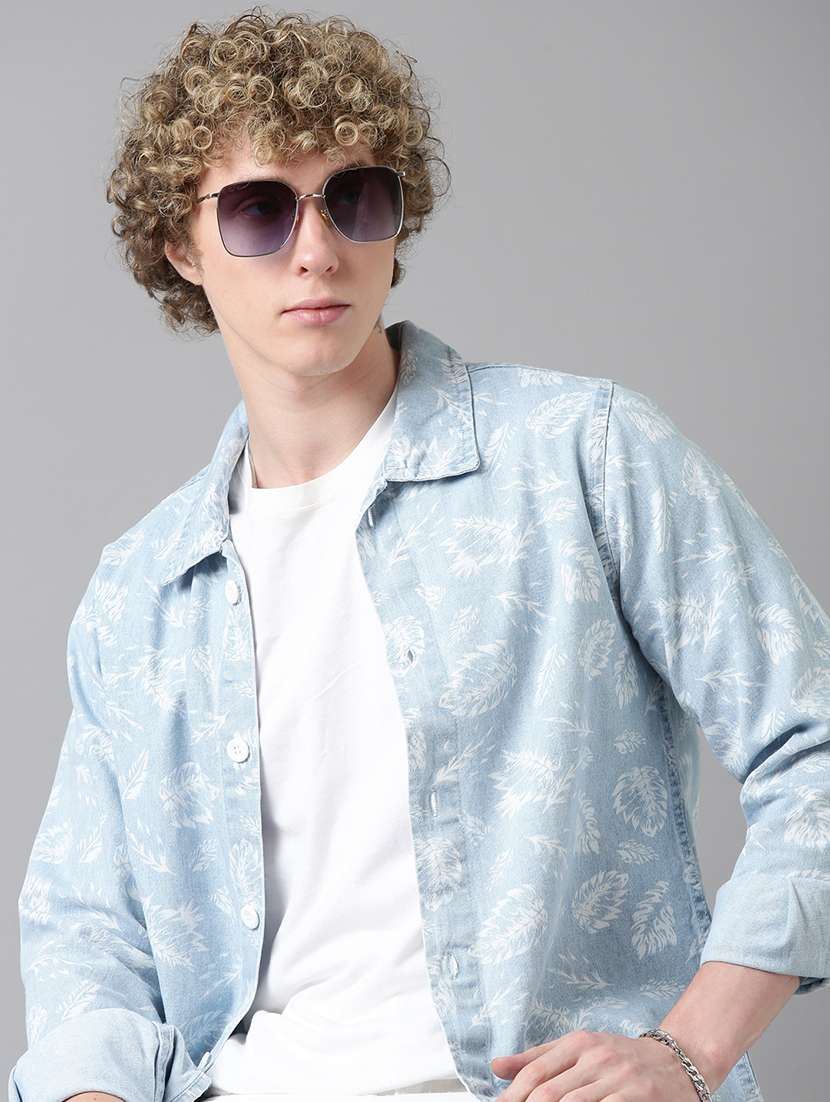 men printed long sleeve denim shacket