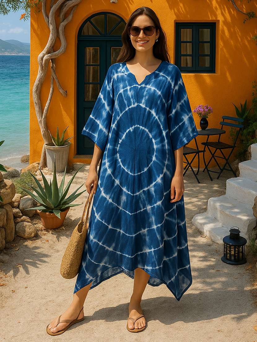 women tie & dye kimono sleeve kaftan dress