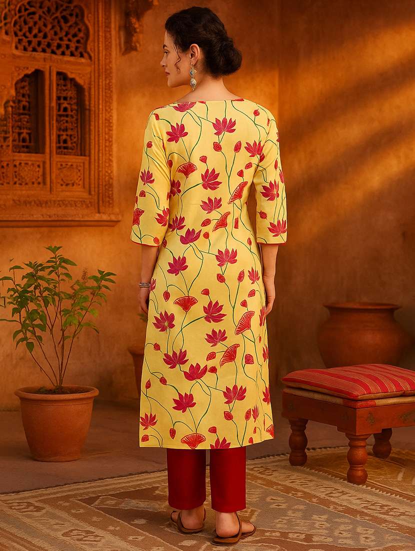 Women Floral Print Three Quarter Sleeve Straight Kurta - 22026628 -  Standard Image - 3