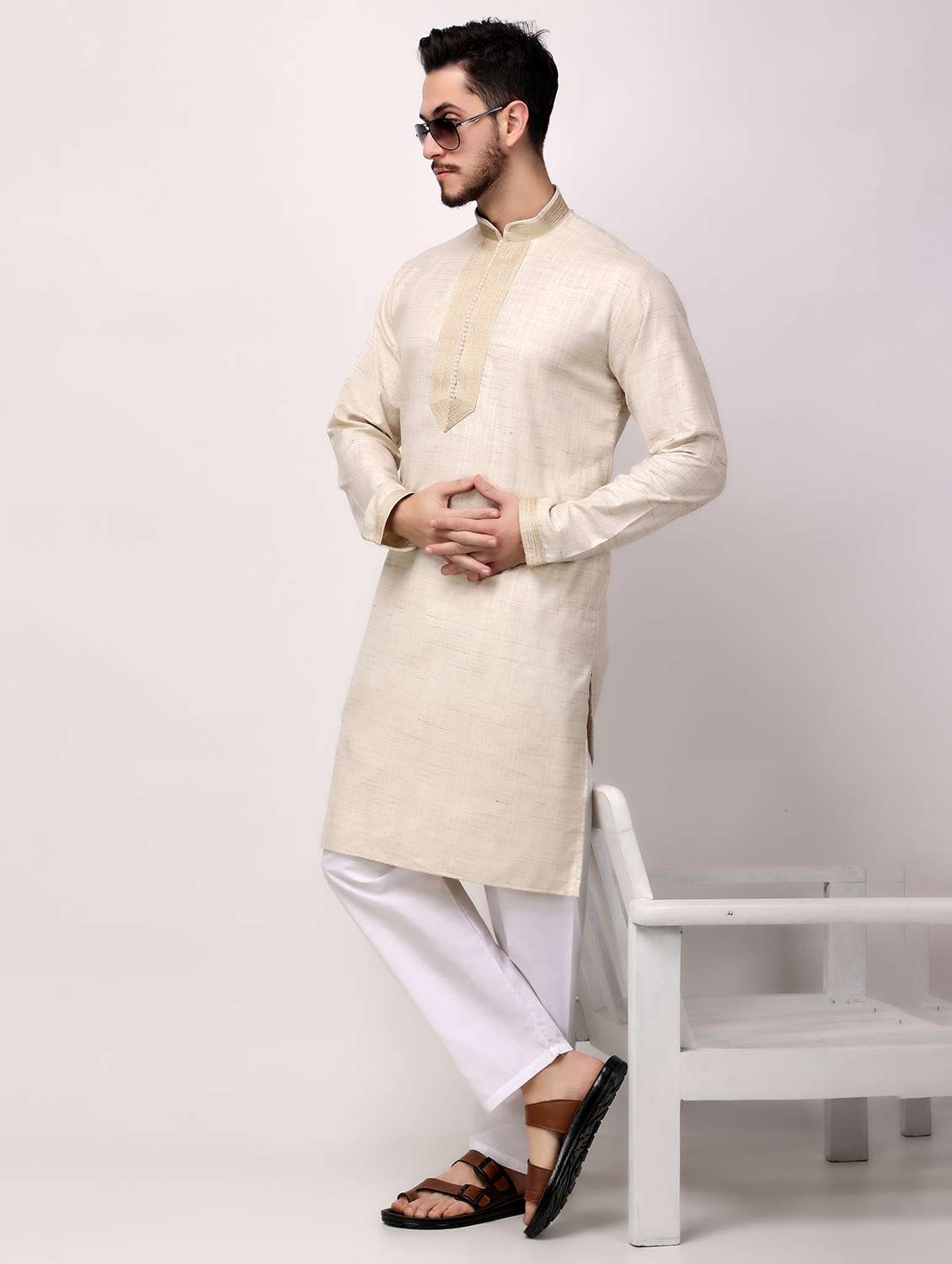 men mandarin neck kurta pyjama ethnic wear set - 22026657 - Zoom Image - 0