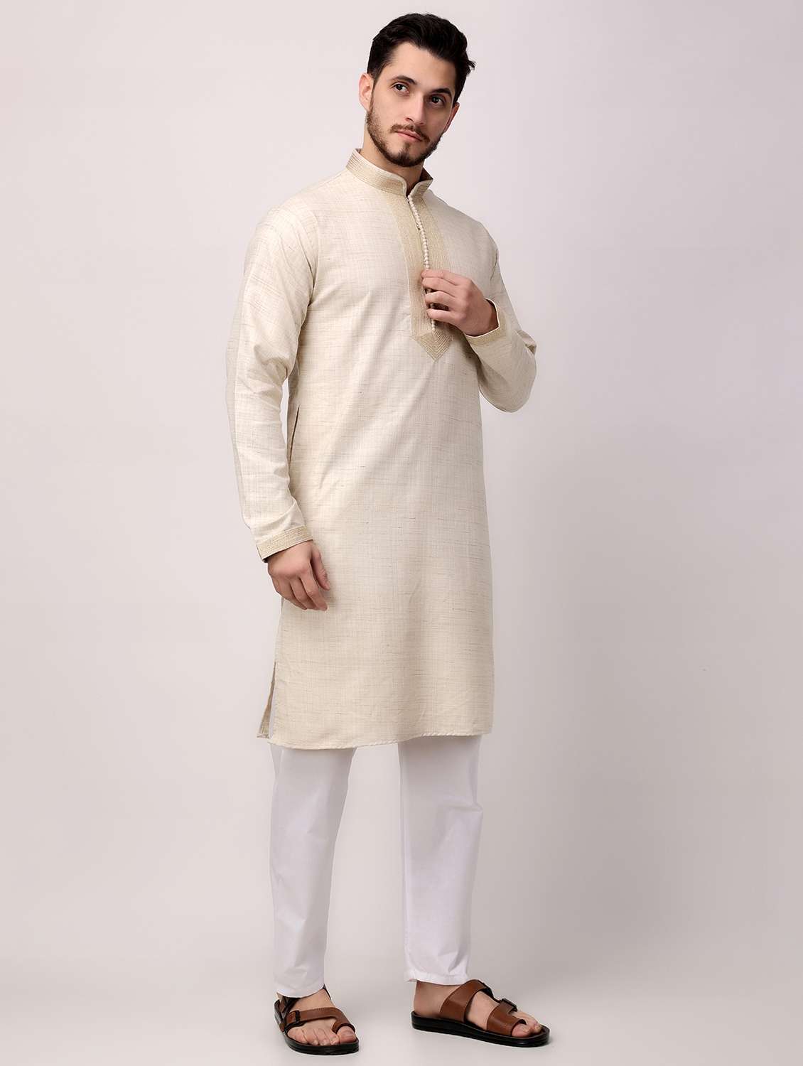 men mandarin neck kurta pyjama ethnic wear set - 22026657 - Standard Image - 3