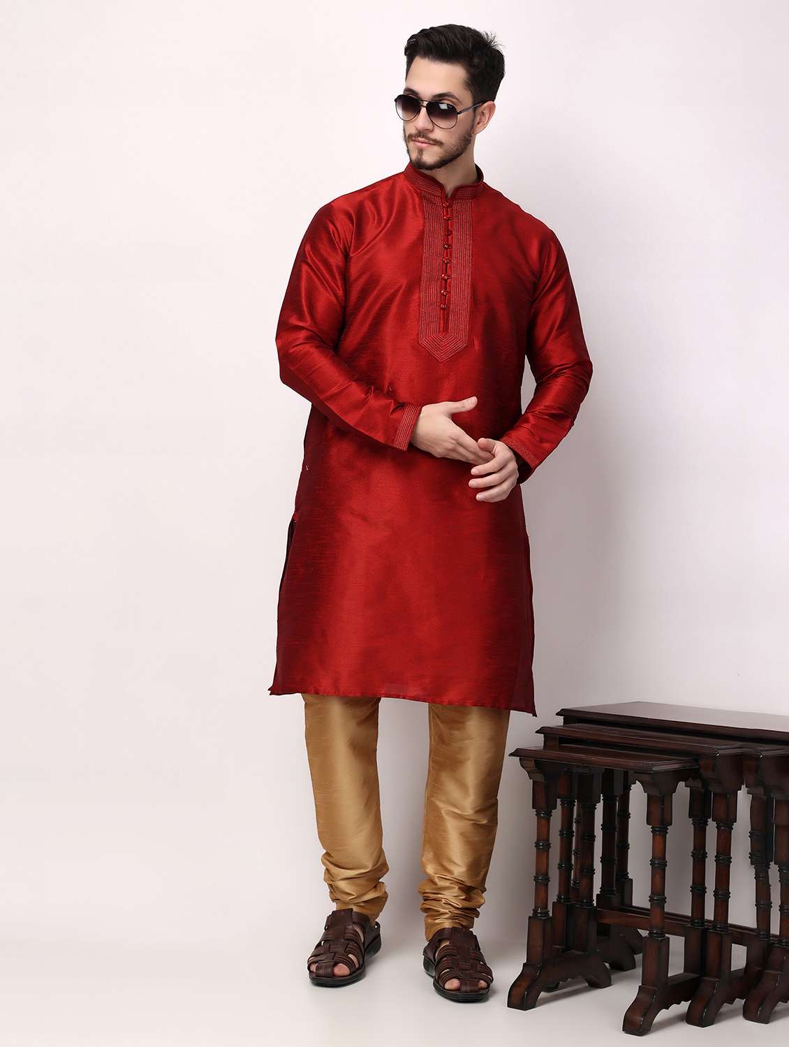 men mandarin neck kurta pyjama ethnic wear set - 22026658 - Zoom Image - 0