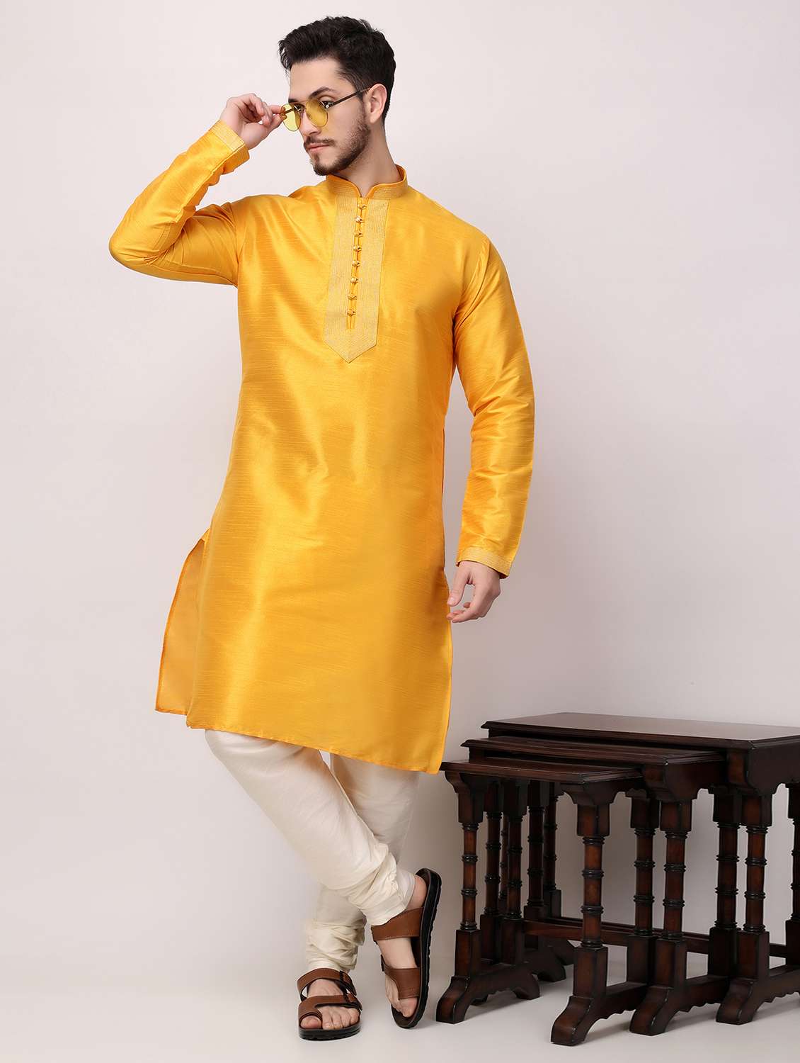 men mandarin neck kurta pyjama ethnic wear set