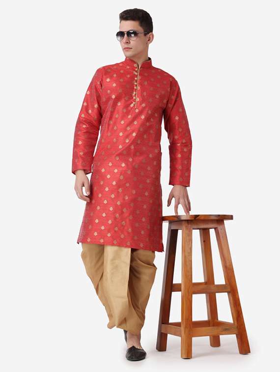 men self design mandarin neck dhoti kurta ethnic wear set