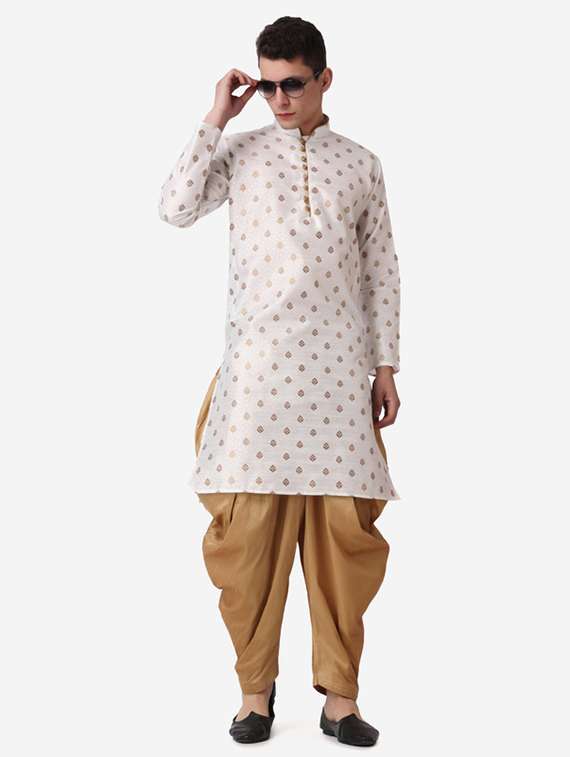men self design mandarin neck dhoti kurta ethnic wear set
