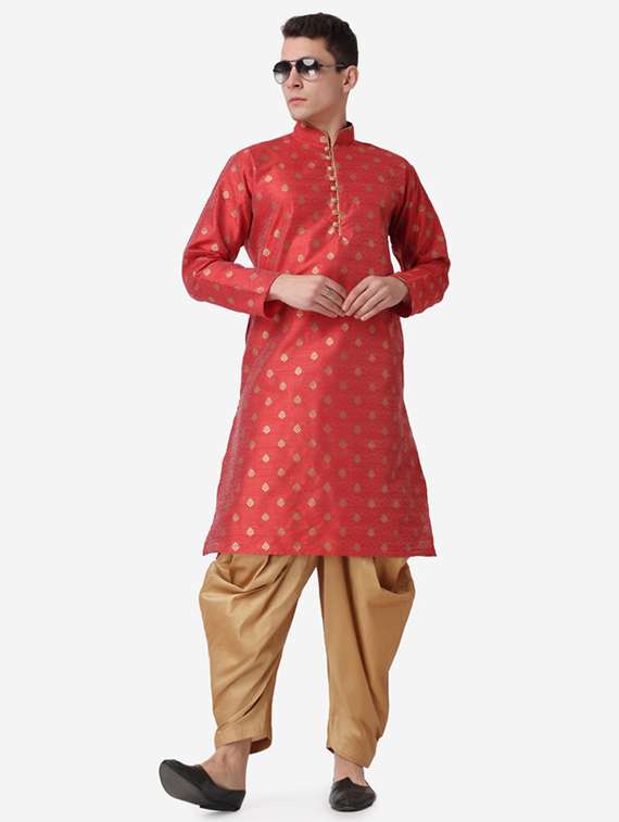 men self design mandarin neck dhoti kurta ethnic wear set
