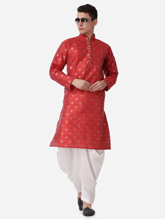 men self design mandarin neck dhoti kurta ethnic wear set