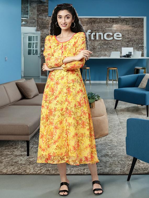 women floral print long sleeve fit & flare dress