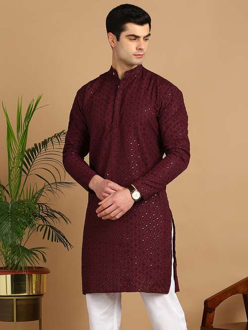 men solid with work mandarin neck long kurta - 22027132 -  Standard Image - 0