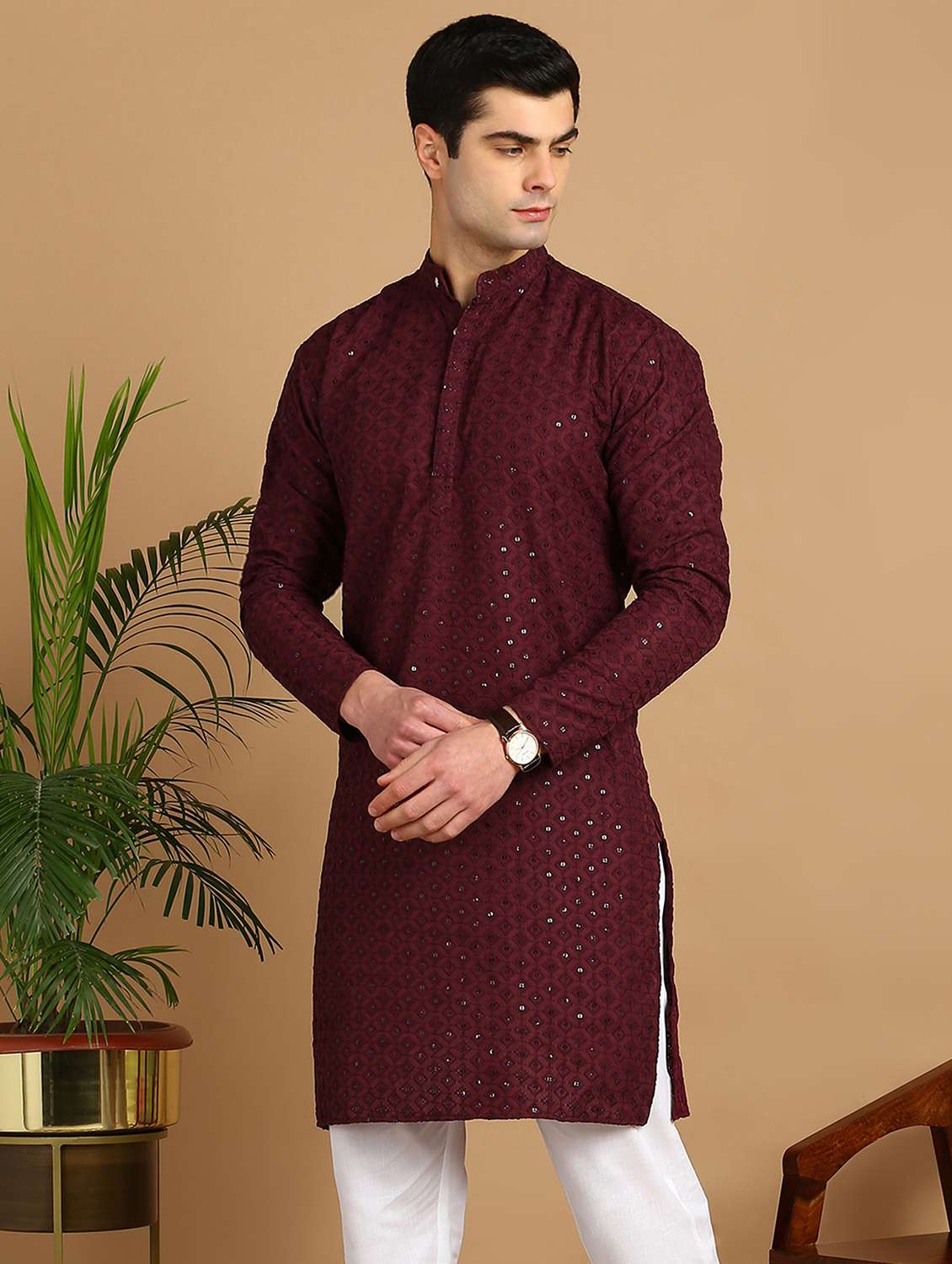 men solid with work mandarin neck long kurta - 22027132 -  Zoom Image - 0