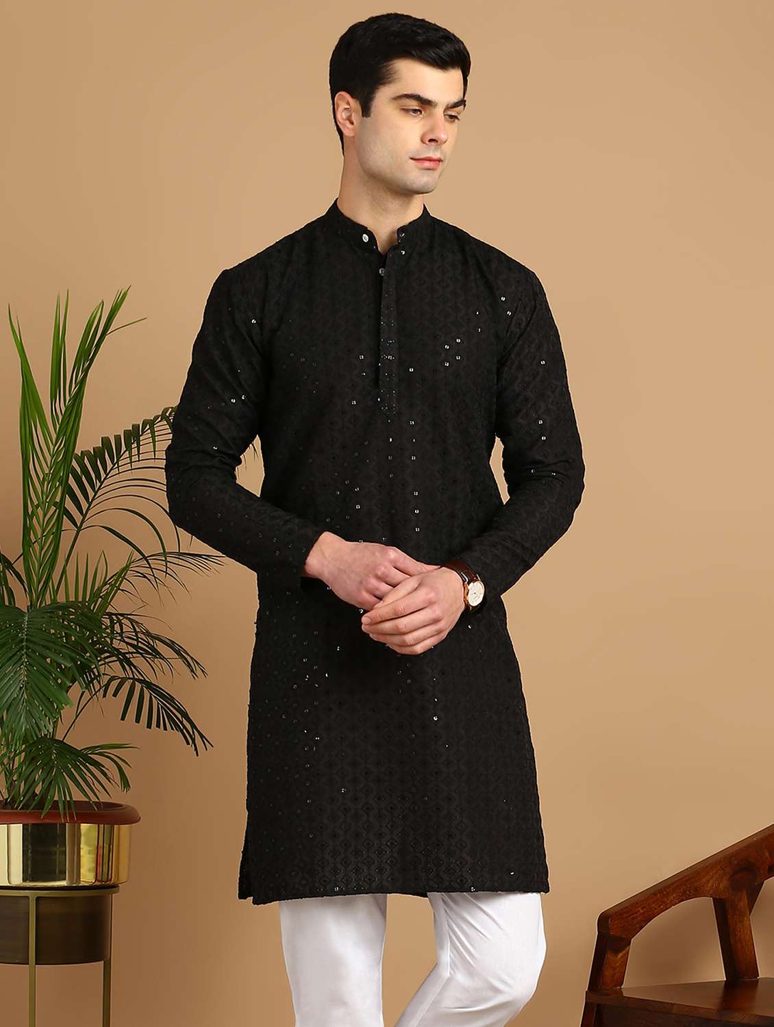 men solid with work mandarin neck long kurta - 22027133 -  Zoom Image - 0
