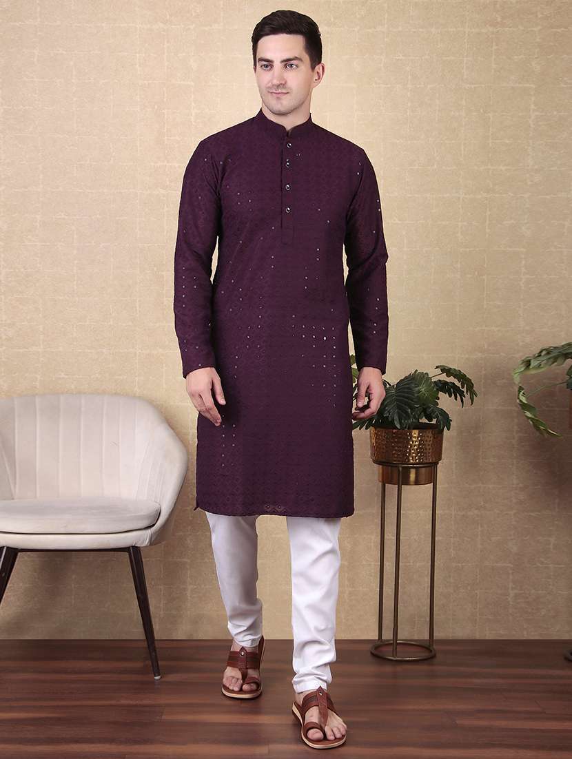 men solid with work mandarin neck long kurta - 22027134 -  Zoom Image - 0
