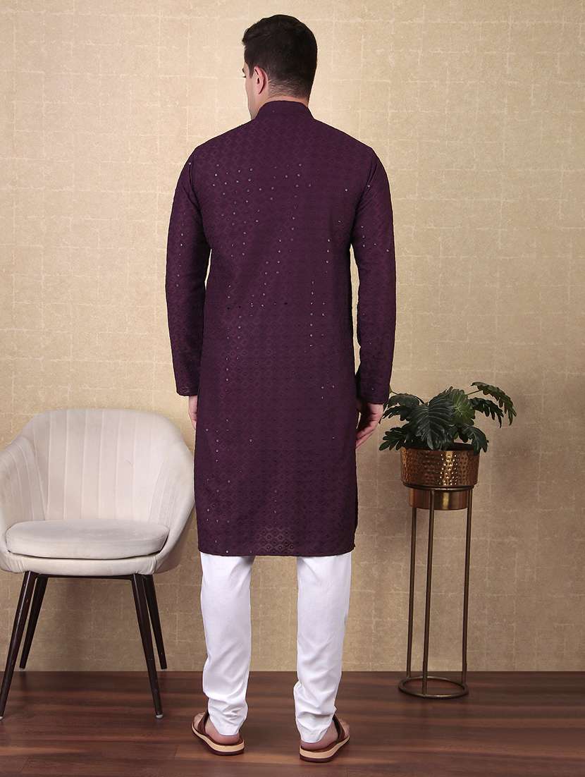 men solid with work mandarin neck long kurta - 22027134 - Standard Image - 3