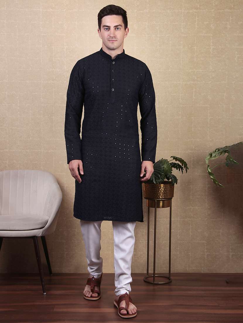 men solid with work mandarin neck long kurta