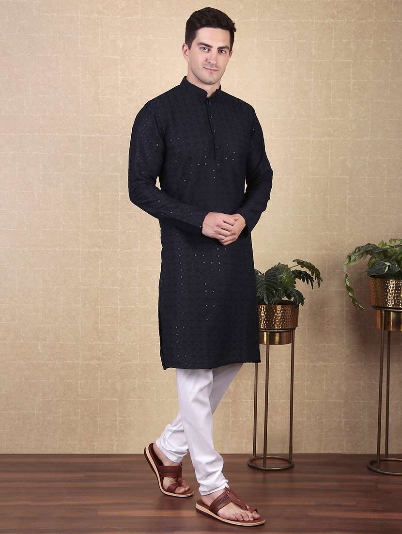 men solid with work mandarin neck long kurta - 22027135 -  Standard Image - 3