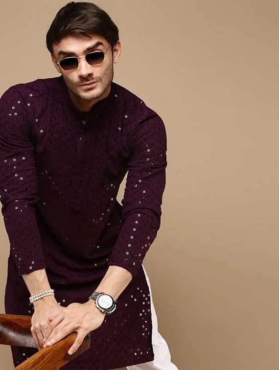 men solid with work mandarin neck long kurta - 22027136 -  Zoom Image - 0