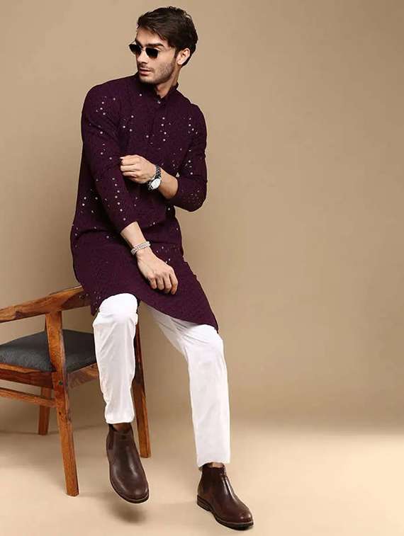 men solid with work mandarin neck long kurta - 22027136 - Standard Image - 3