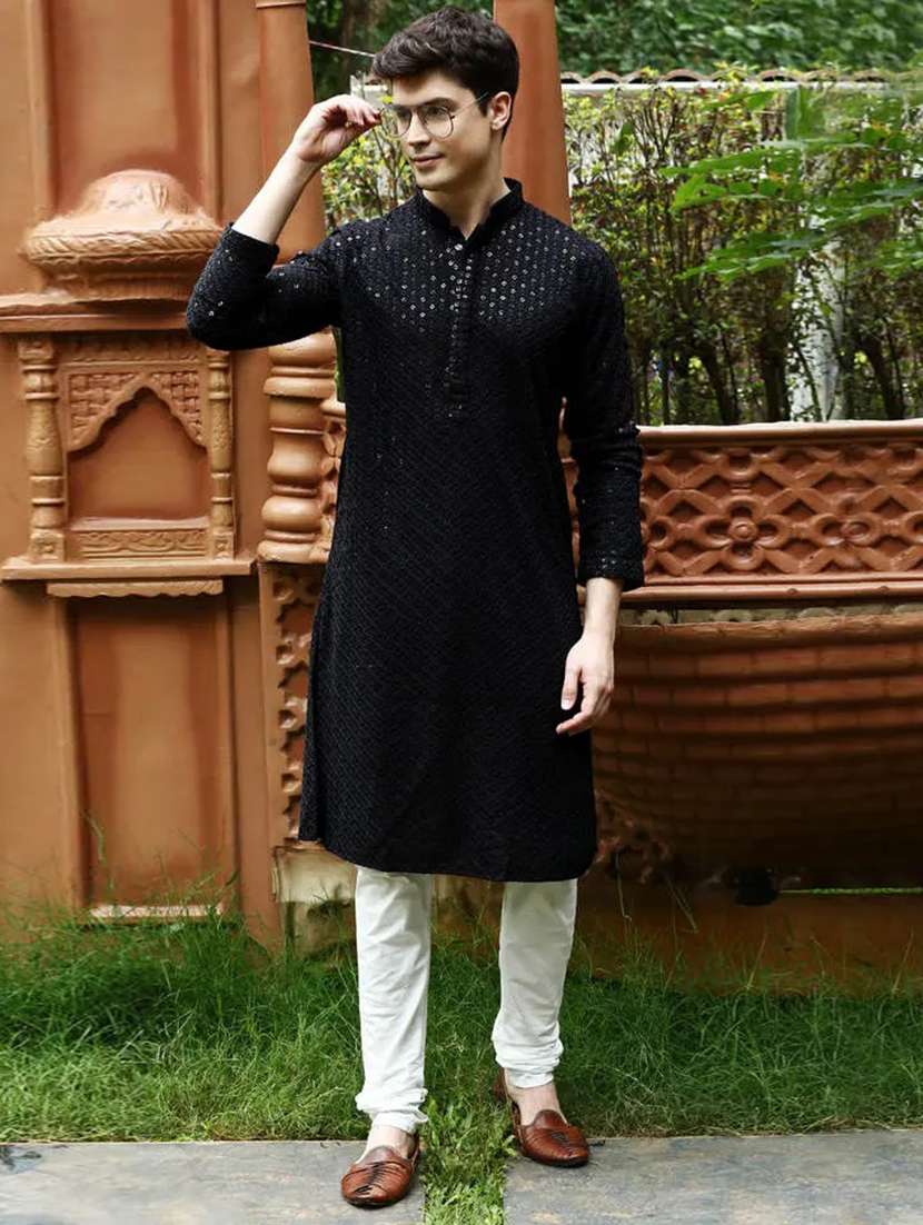 men solid with work mandarin neck long kurta - 22027137 -  Zoom Image - 0