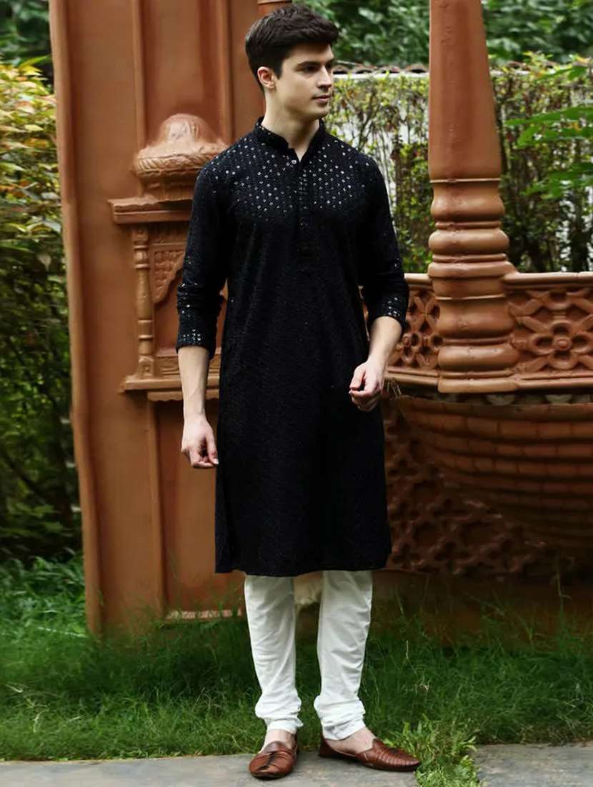 men solid with work mandarin neck long kurta - 22027137 - Standard Image - 3