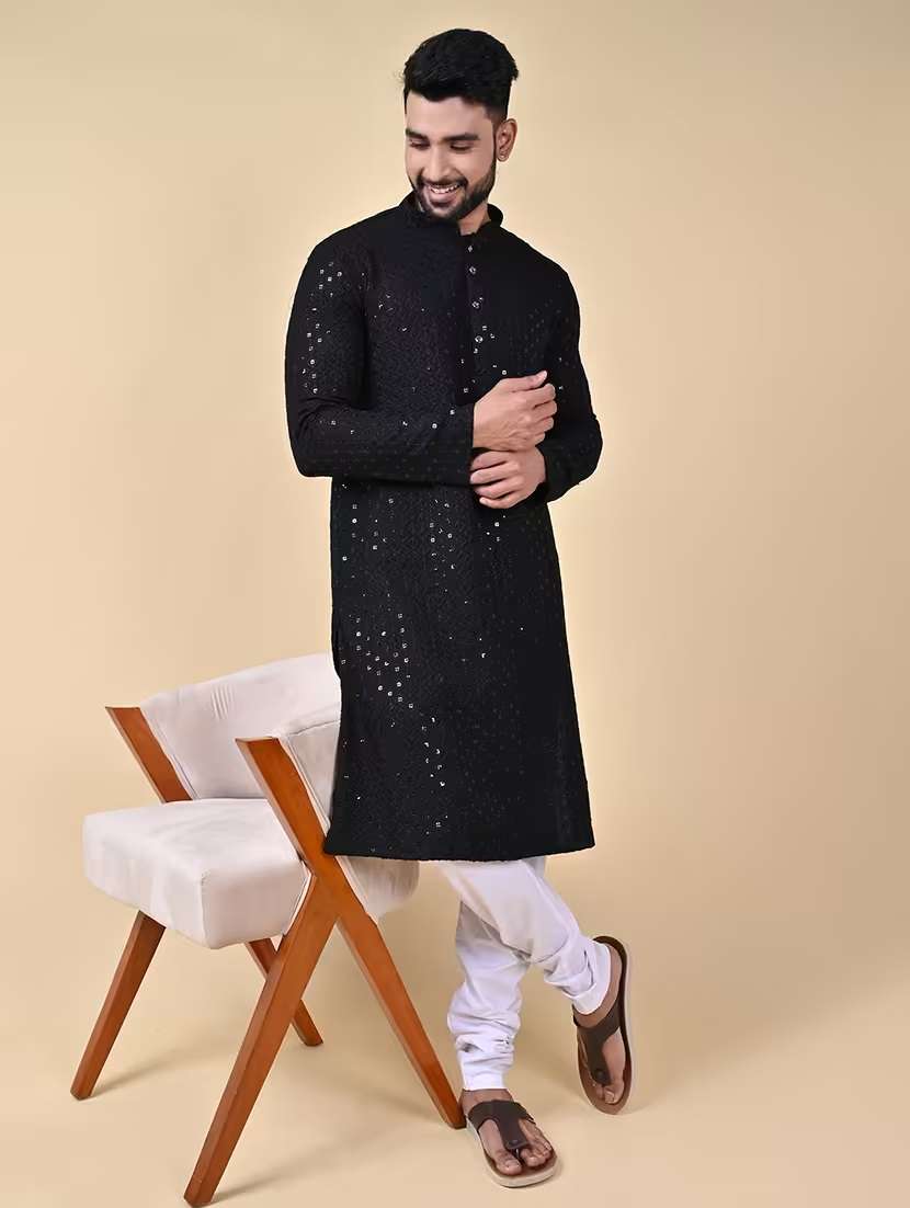 men solid with work mandarin neck long kurta - 22027138 -  Zoom Image - 0