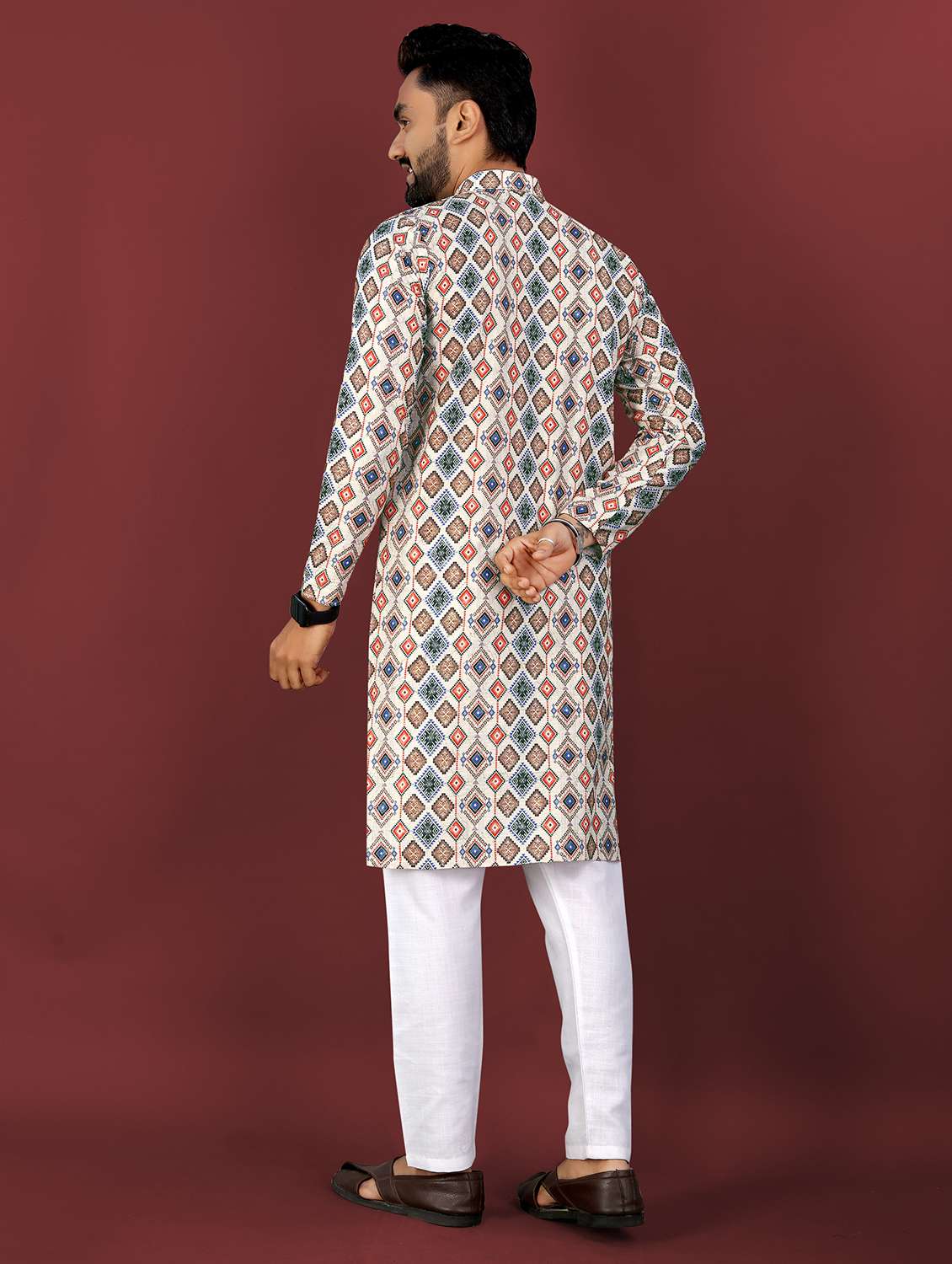 men printed mandarin neck long kurta - 22027139 -  Standard Image - 3
