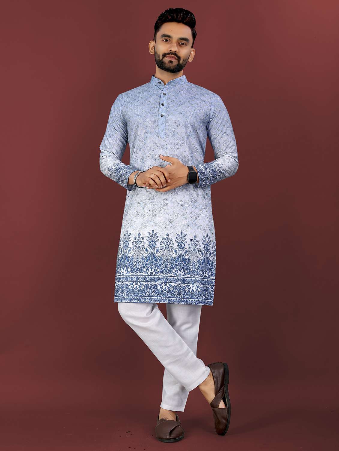 men printed mandarin neck long kurta