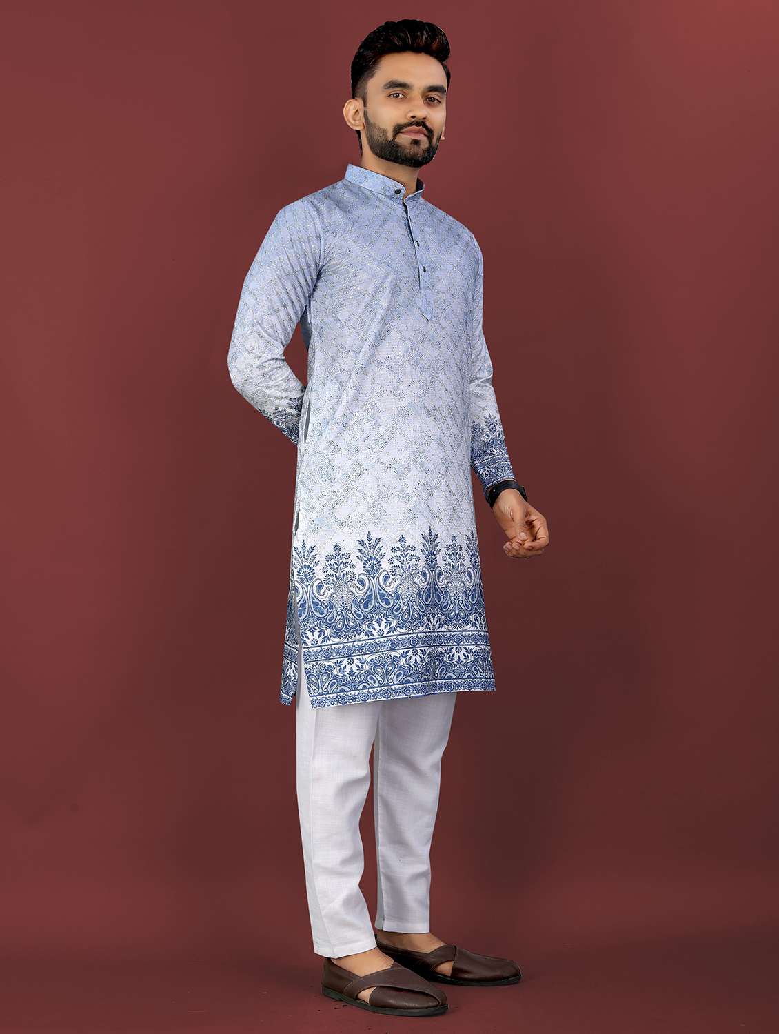 men printed mandarin neck long kurta - 22027141 - Standard Image - 3