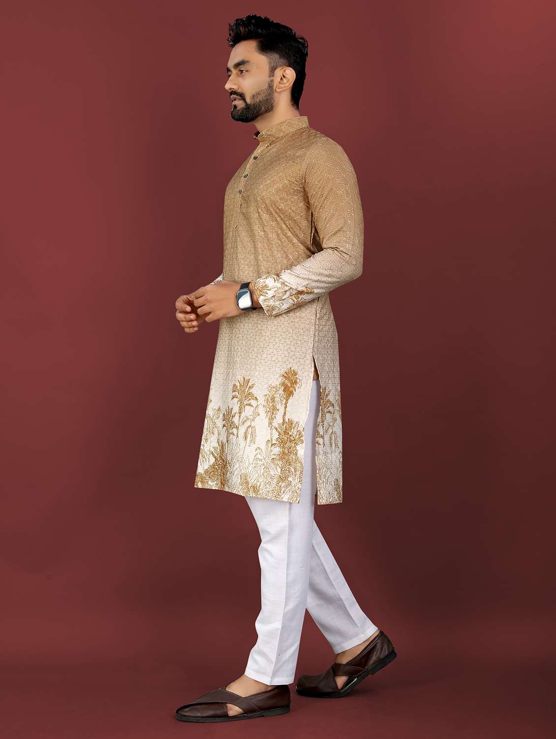 men printed mandarin neck long kurta - 22027142 - Standard Image - 3