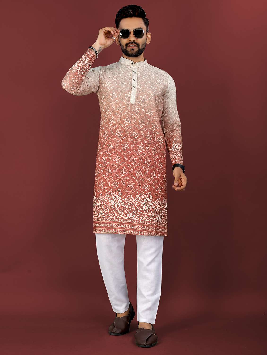 men printed mandarin neck long kurta - 22027143 -  Zoom Image - 0