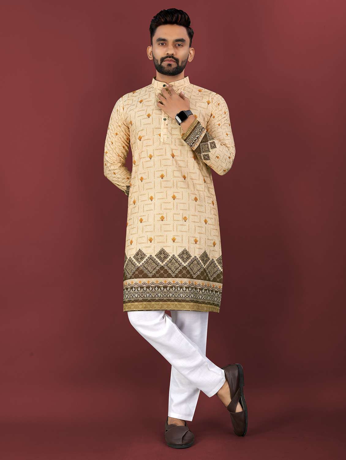 men printed mandarin neck long kurta