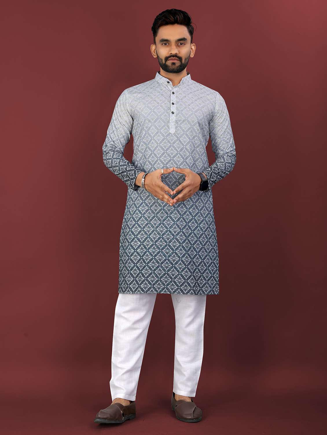 men ombre printed mandarin neck long kurta - 22027145 -  Zoom Image - 0