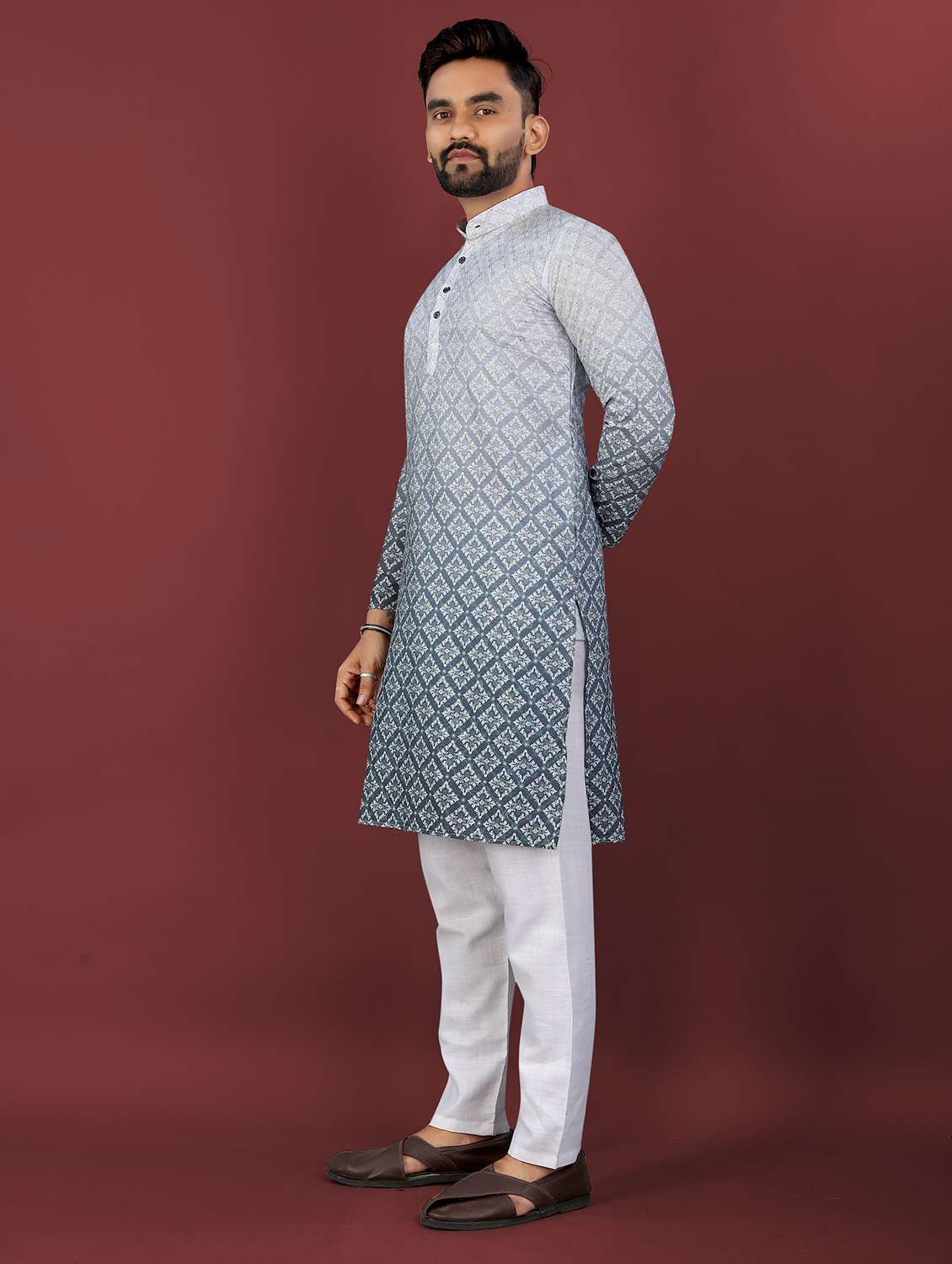 men ombre printed mandarin neck long kurta - 22027145 - Standard Image - 3