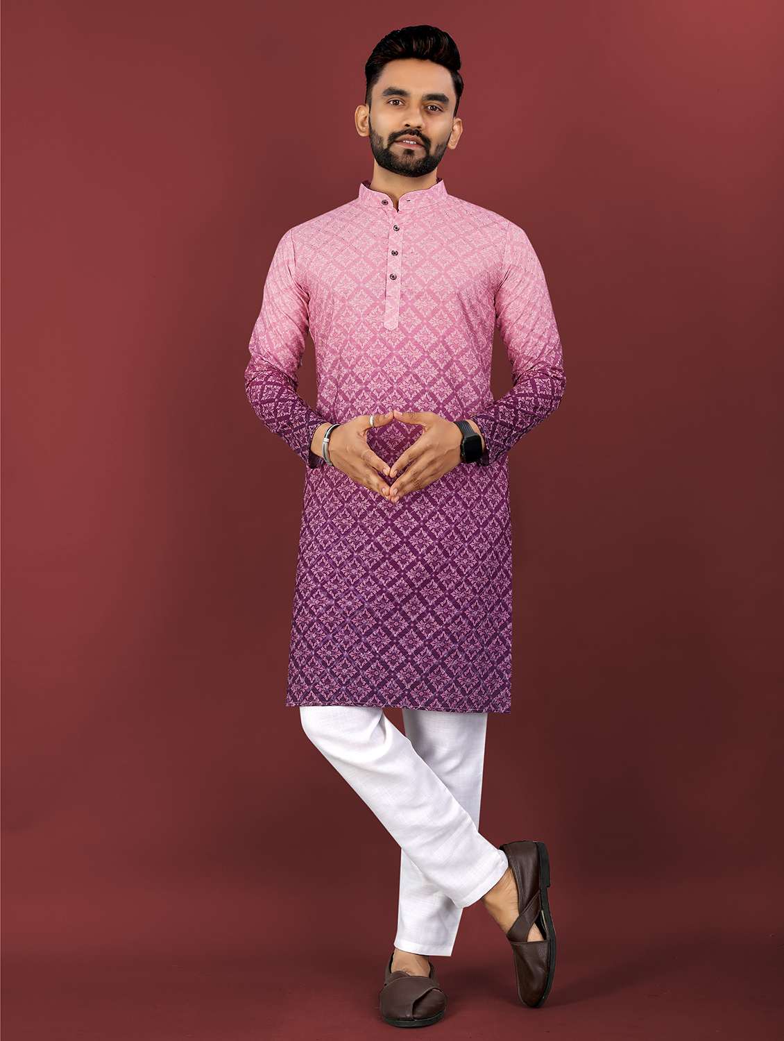 men ombre printed mandarin neck long kurta