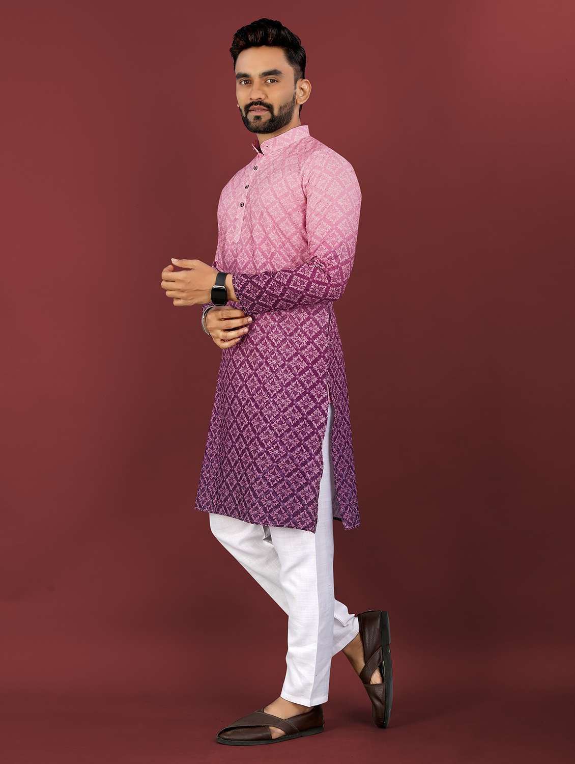 men ombre printed mandarin neck long kurta - 22027146 -  Standard Image - 3