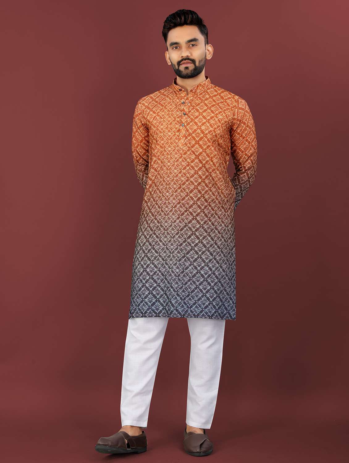 men ombre printed mandarin neck long kurta - 22027147 - Zoom Image - 0