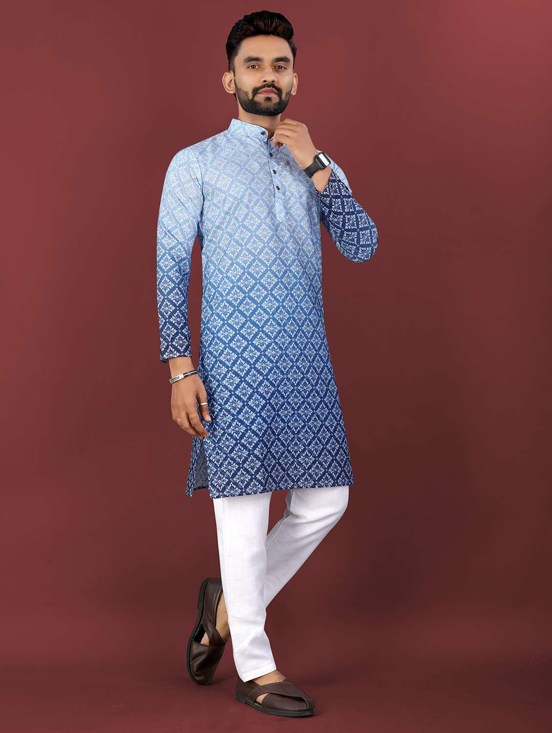 men ombre printed mandarin neck long kurta
