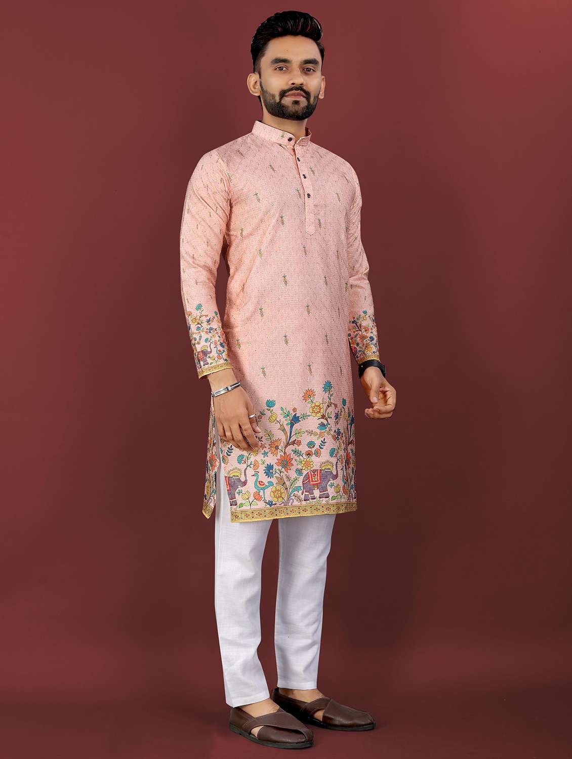 men printed mandarin neck long kurta - 22027149 -  Zoom Image - 0