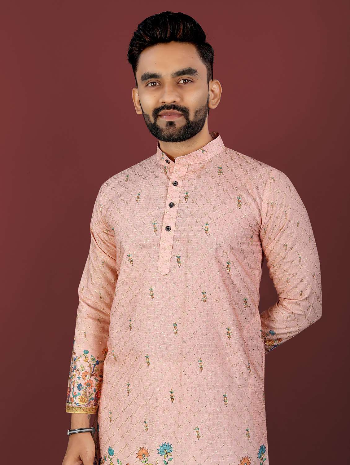 men printed mandarin neck long kurta - 22027149 - Standard Image - 5
