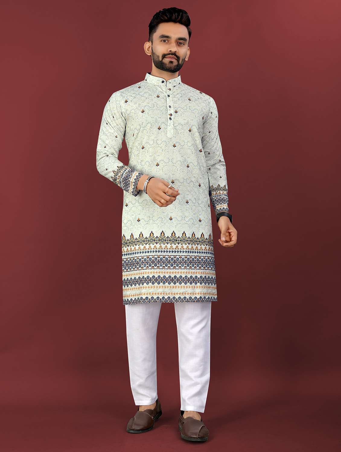 men printed mandarin neck long kurta
