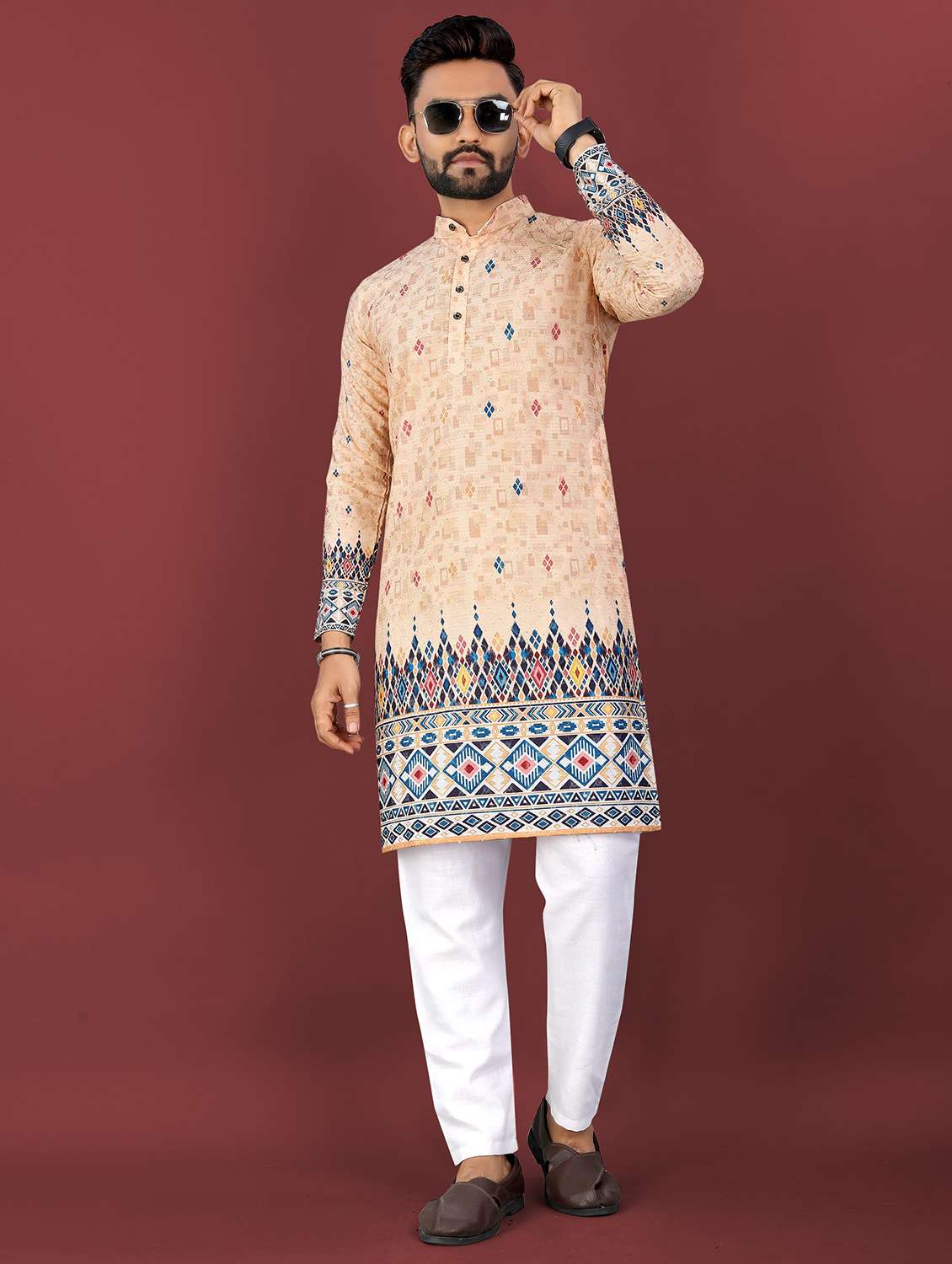 men printed mandarin neck long kurta - 22027152 - Zoom Image - 0