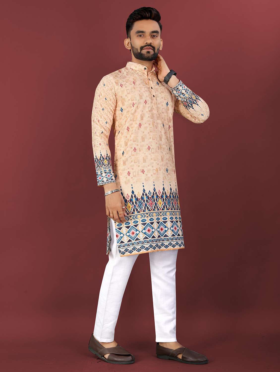 men printed mandarin neck long kurta - 22027152 - Standard Image - 3