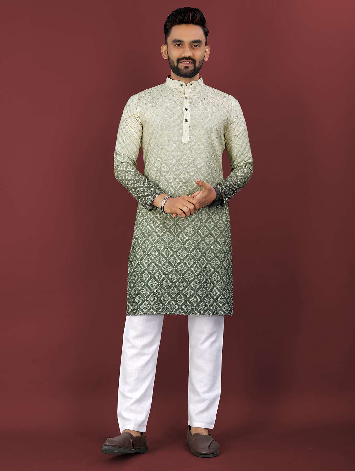 men ombre printed mandarin neck long kurta