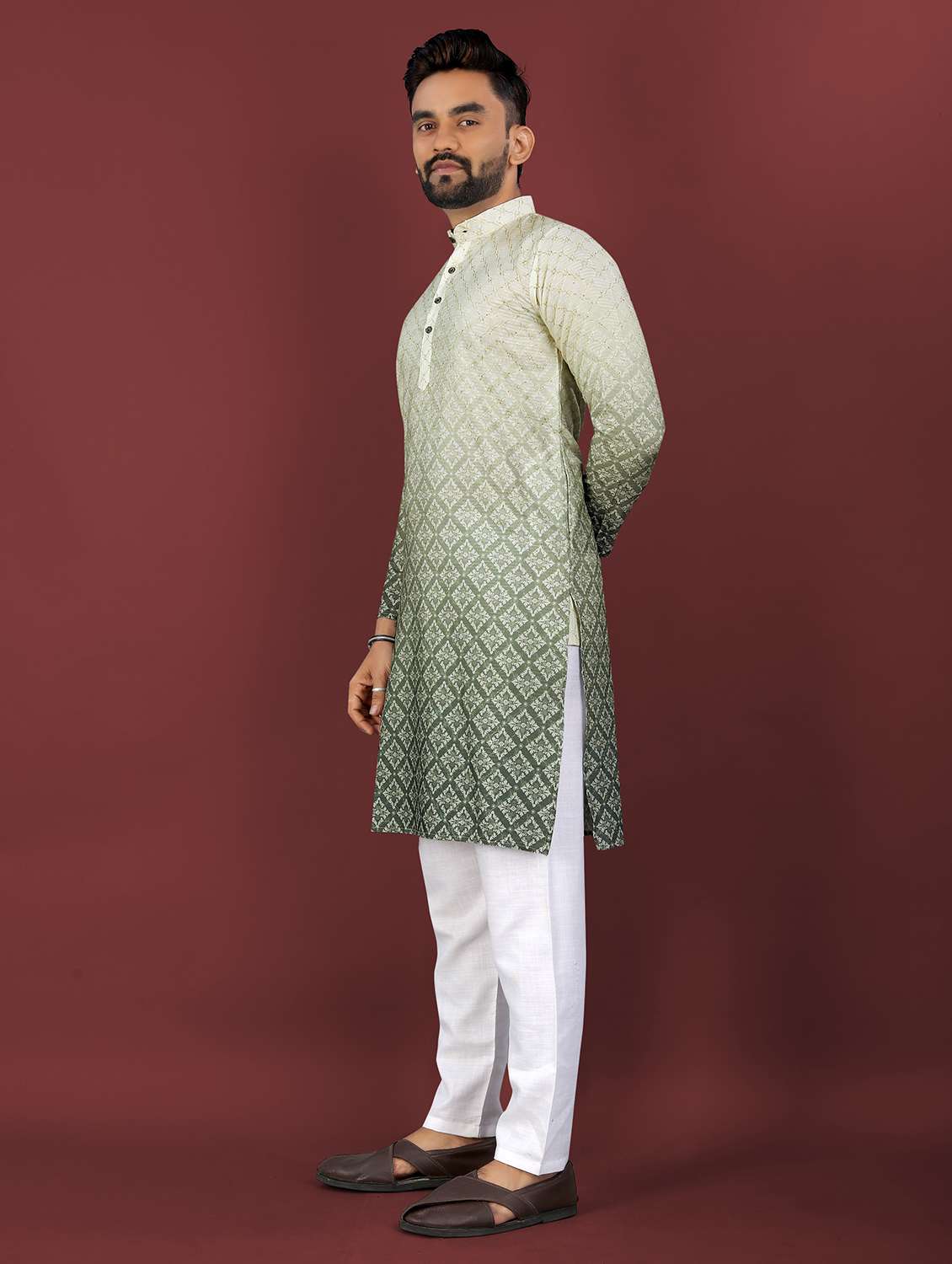 men ombre printed mandarin neck long kurta - 22027153 - Standard Image - 3
